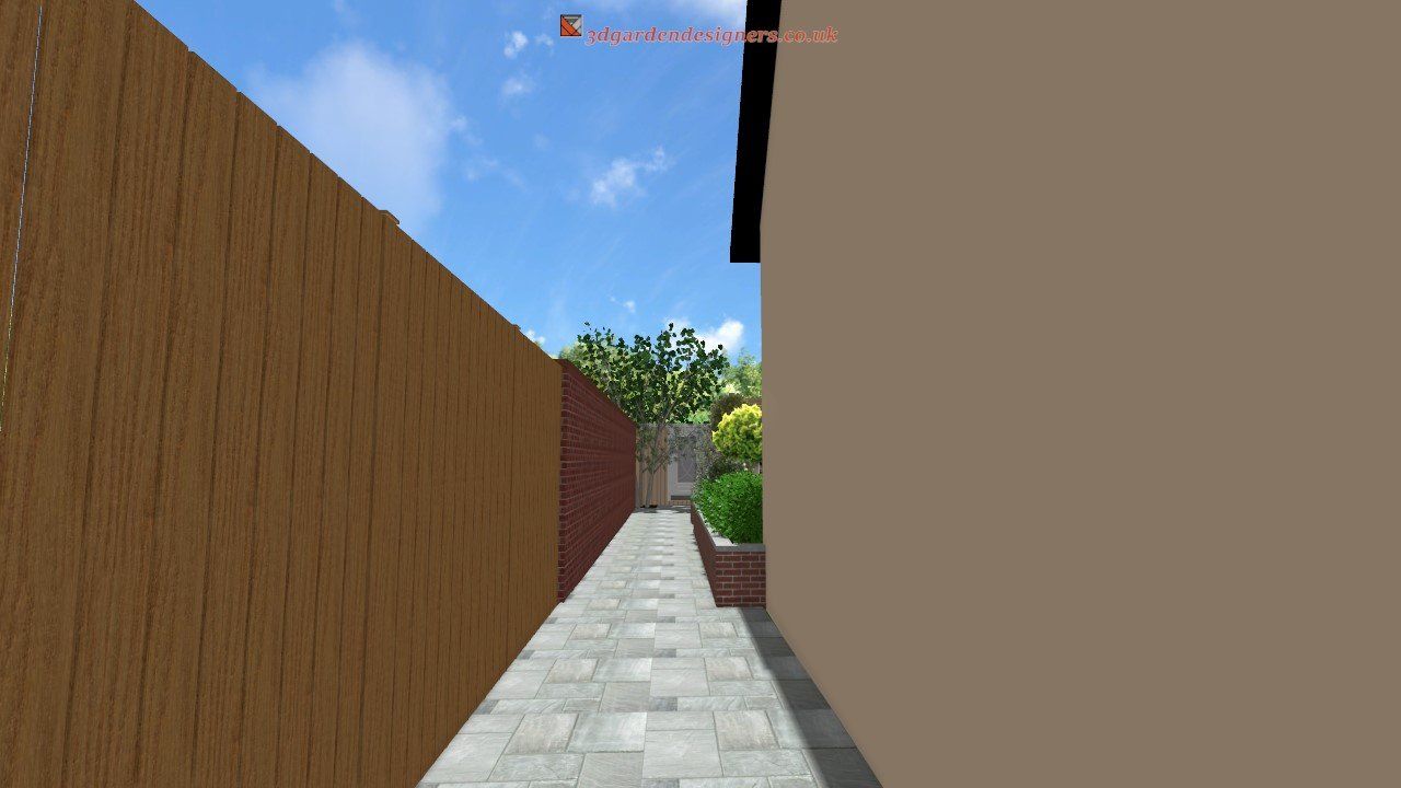Narrow alleyway between a wooden fence and a tan building, blue sky above.