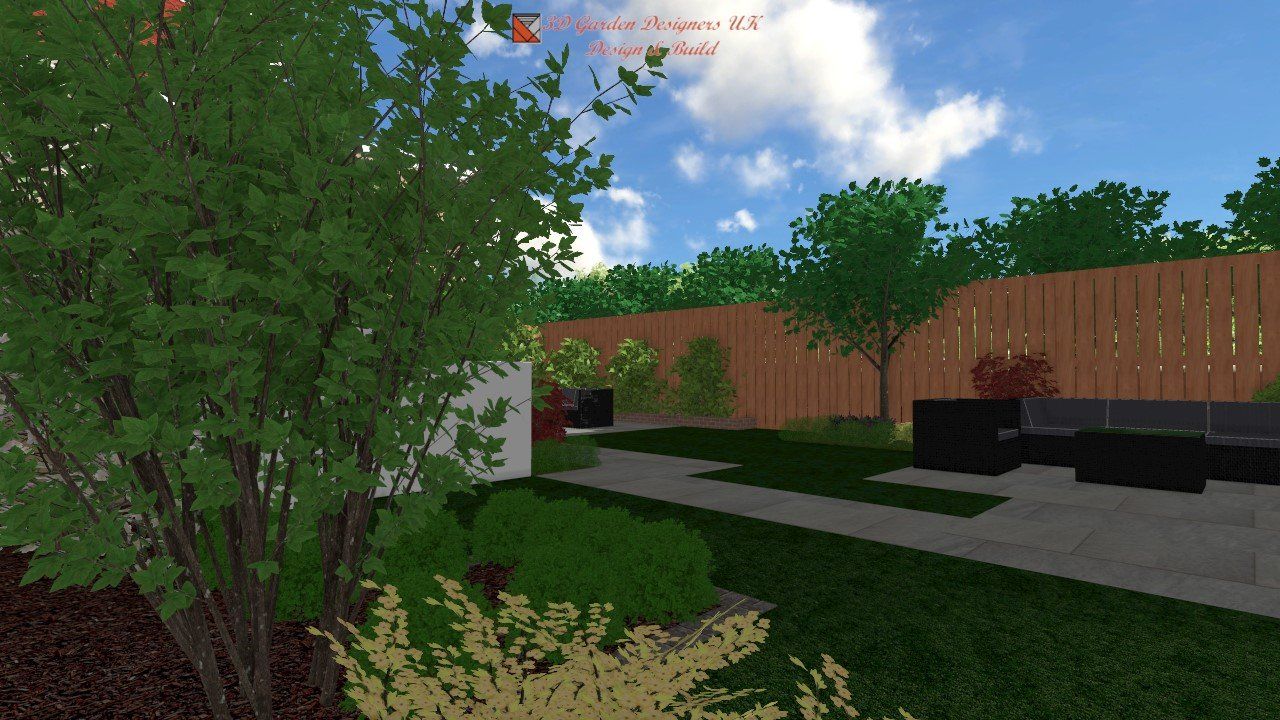 A backyard with a green lawn, trees, and a wooden fence, with patio furniture visible.