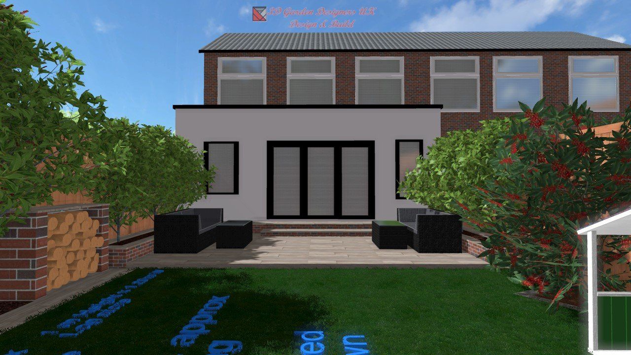 Backyard view of a modern home with a white extension, glass doors, and manicured landscaping.