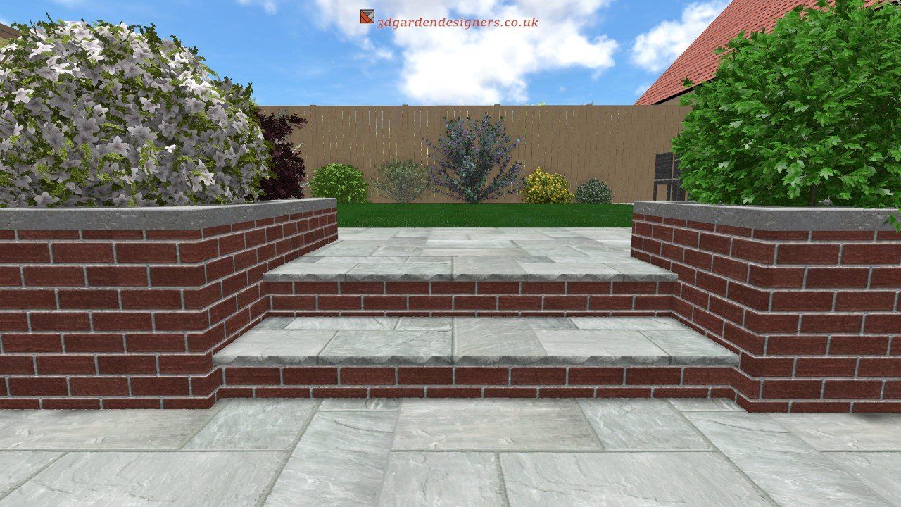 Brick steps lead to a raised patio with greenery, set against a wooden fence and blue sky.