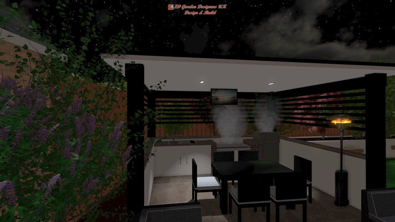 Outdoor dining area with grill and table, night setting. Black and white color scheme. Smoke rises.
