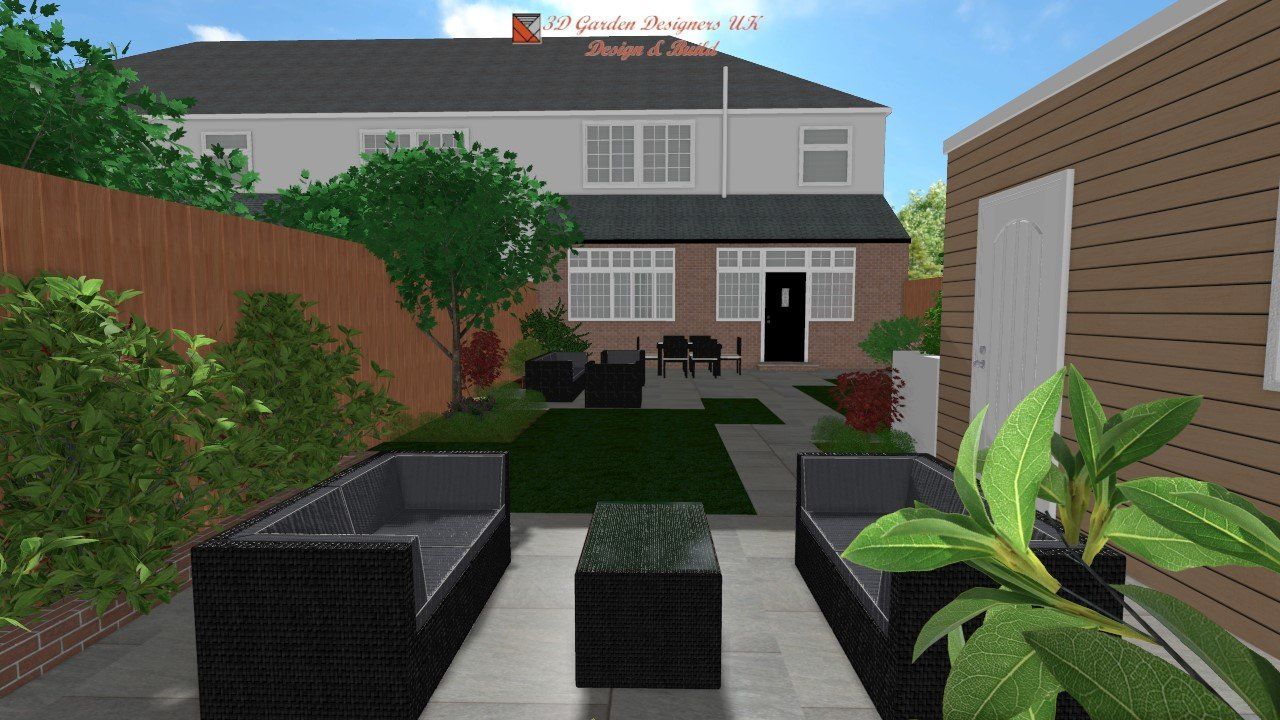 Backyard with patio furniture, green grass, and a two-story house.