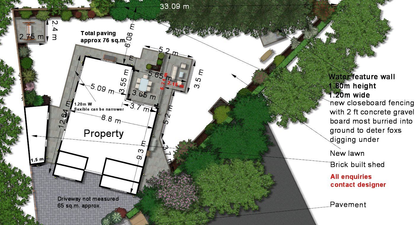 Overhead view of a property with buildings, patio, trees, and driveway; a landscape plan.