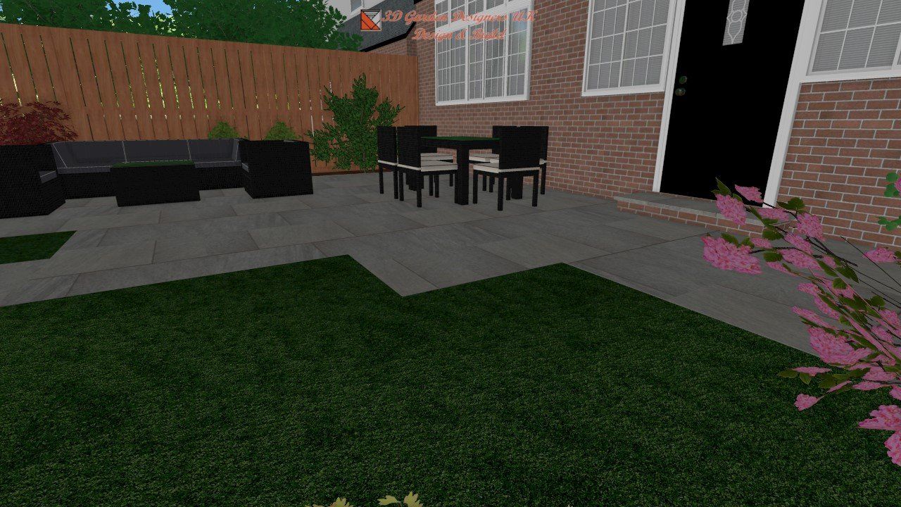 A backyard patio with dark furniture, dining set, and a lawn. Brick house and wooden fence visible.
