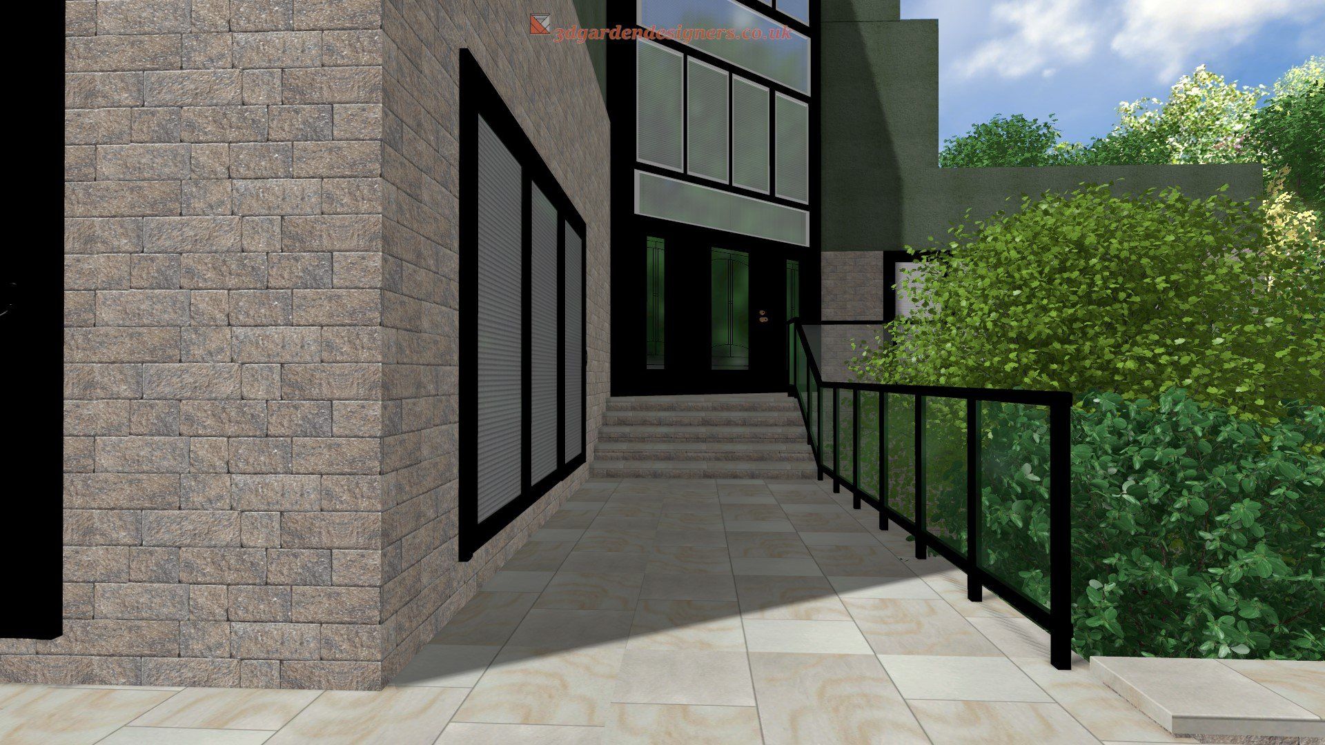 Modern home exterior with stone wall, glass railings, and large windows leading to entrance.