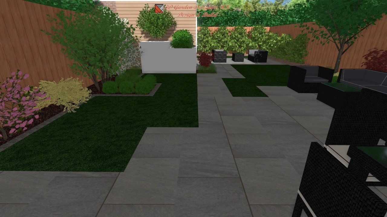 Backyard patio with paving stones, grass, and plants alongside a wooden fence.