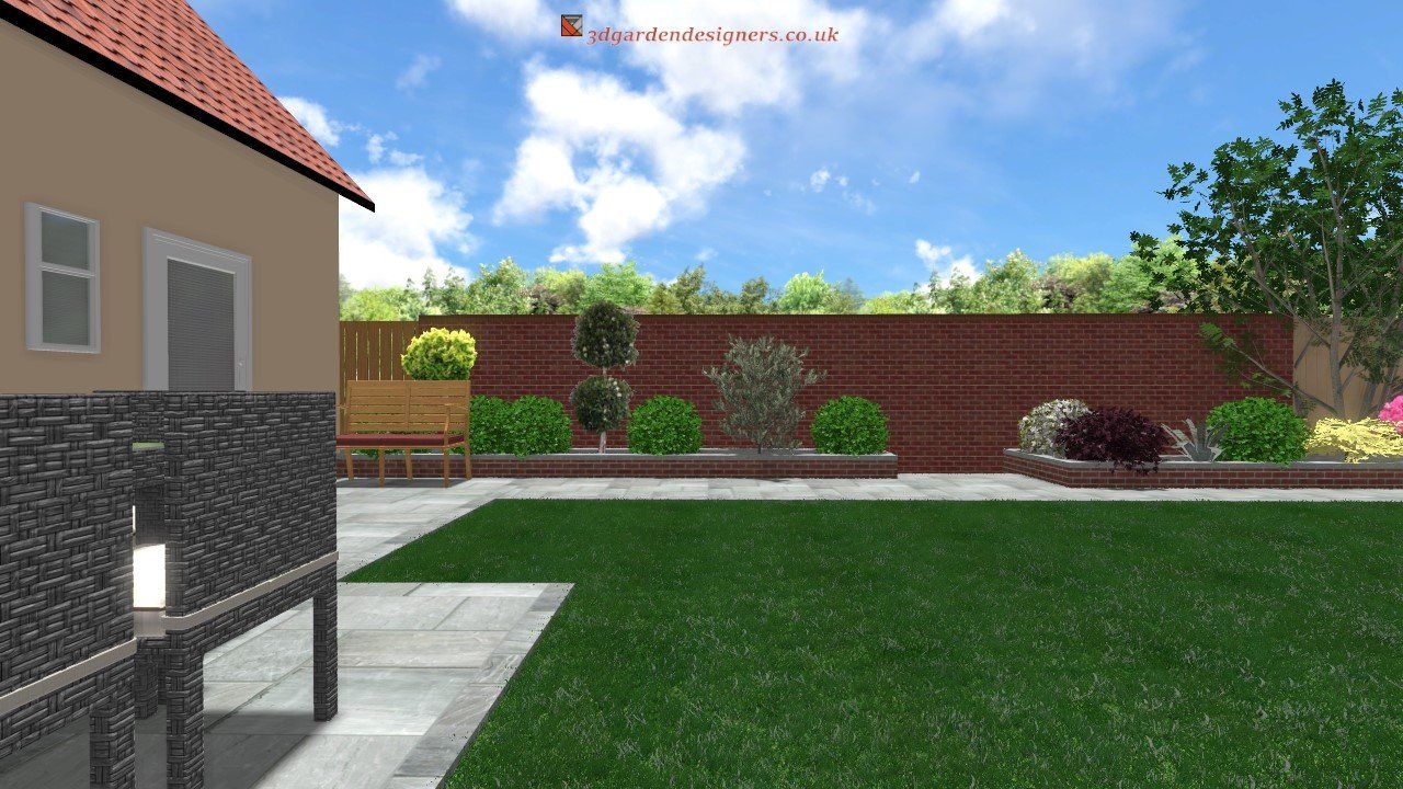 Backyard with green lawn, patio, brick wall, flower beds, and a house on a sunny day.