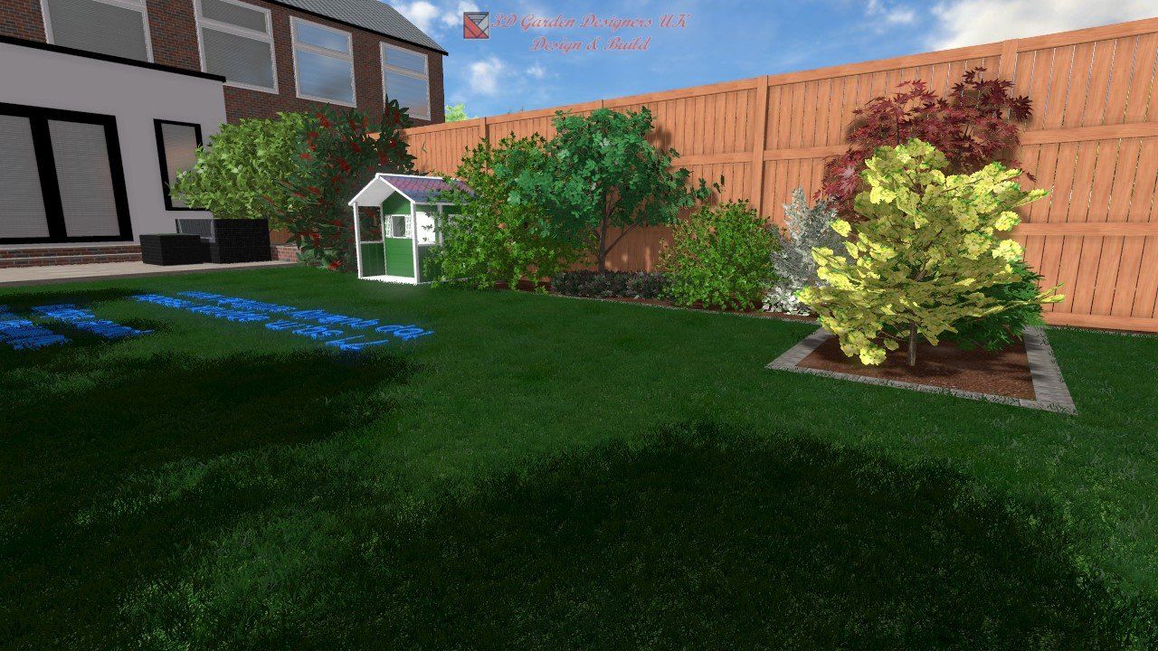 A backyard scene featuring lush green grass, a wooden fence, bushes, a small playhouse, and a portion of a house.