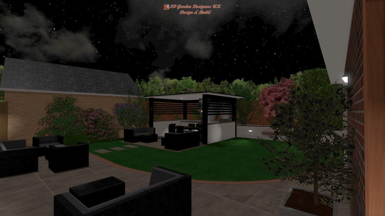 Nighttime backyard with patio furniture, a pergola, and trees. Dark sky with stars.