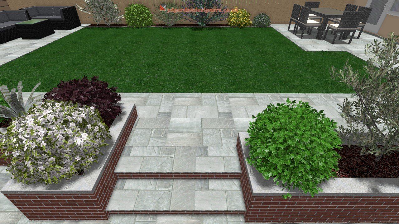 Garden with stone steps, lawn, raised beds with plants, and patio seating.