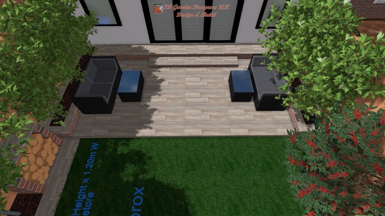 Backyard patio with lawn, seating, and landscaping around a home.