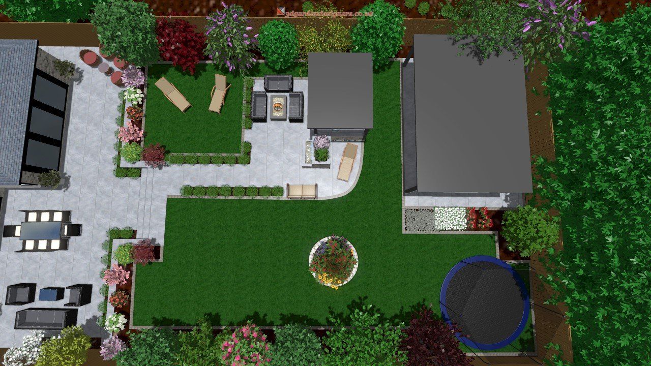 Overhead view of a backyard with patio, lawn, seating areas, and landscaping.
