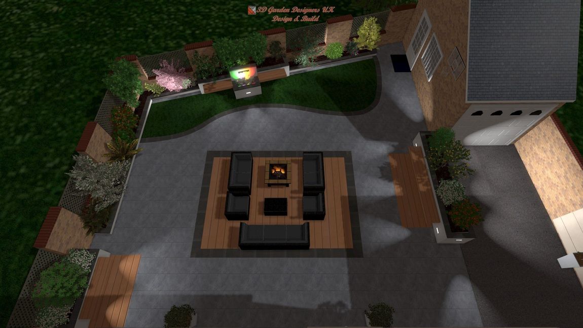 Overhead view of a backyard patio with dark furniture, fire pit, and surrounding landscaping.
