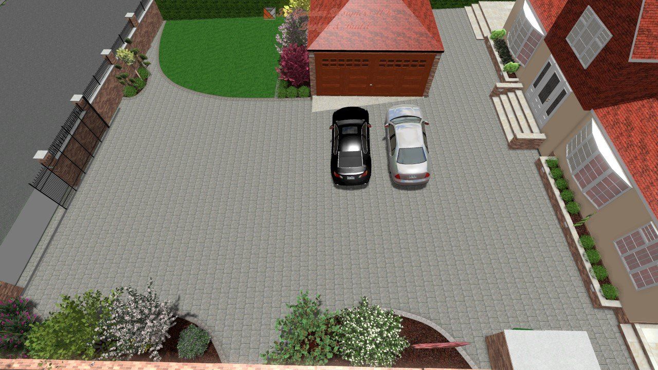 top-view-graphite-driveway Driveway with two cars parked in front of a garage, and house with brickwork.
