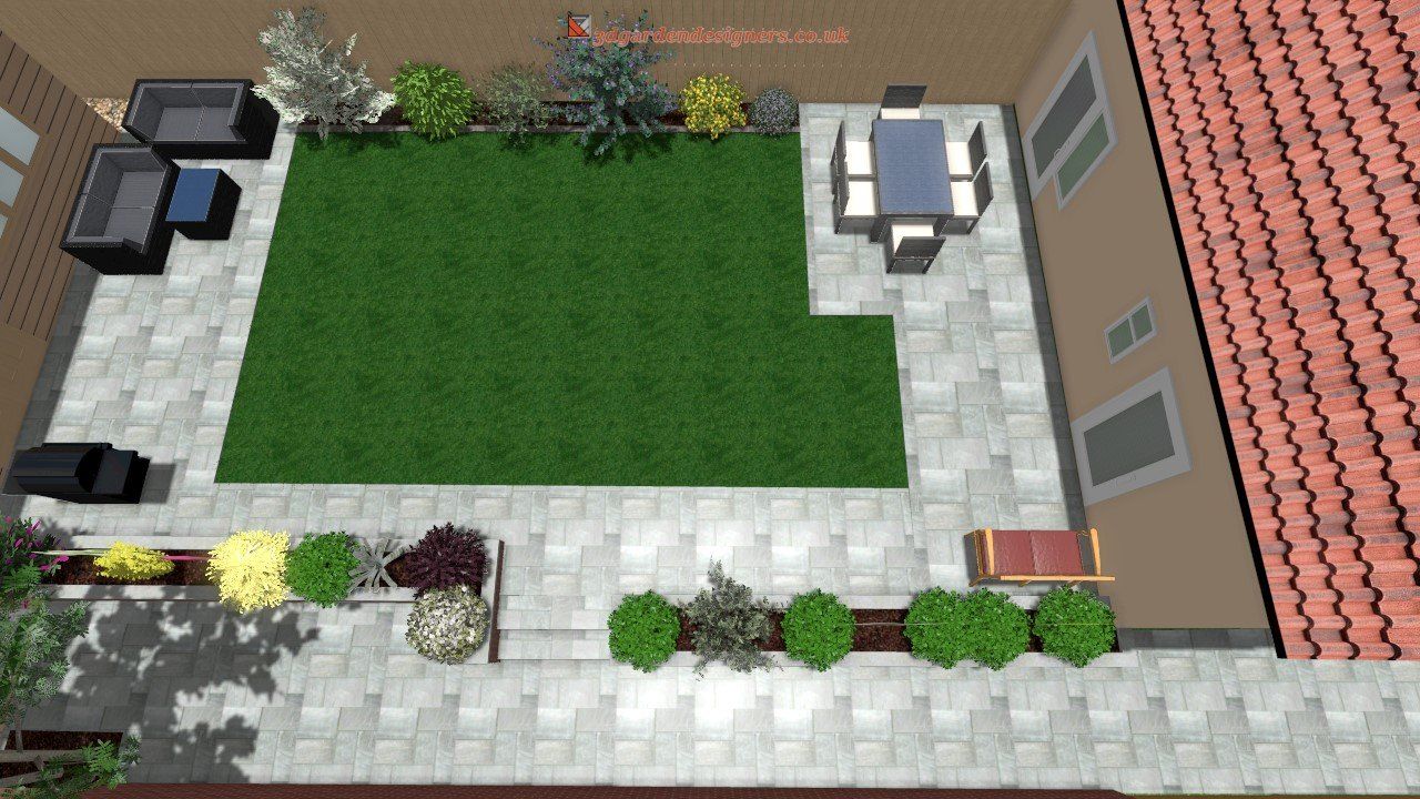 Overhead view of a patio garden with seating areas, a dining table, a lawn, and surrounding planters.