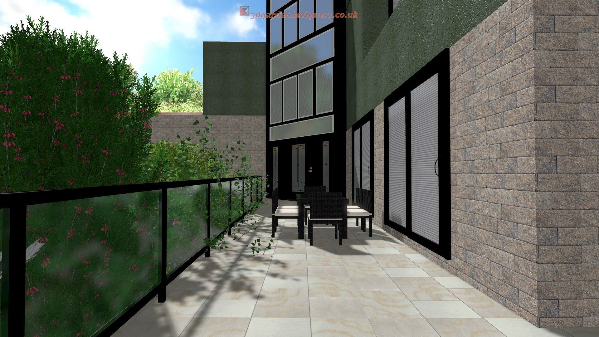 Patio with a table and chairs, adjacent to a building with glass windows and a brick wall.