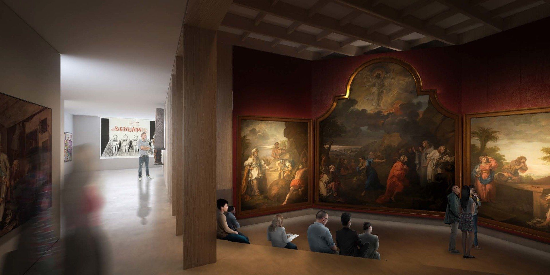 A concept drawing for how a Hogarth gallery at St Mary Redcliffe Church.