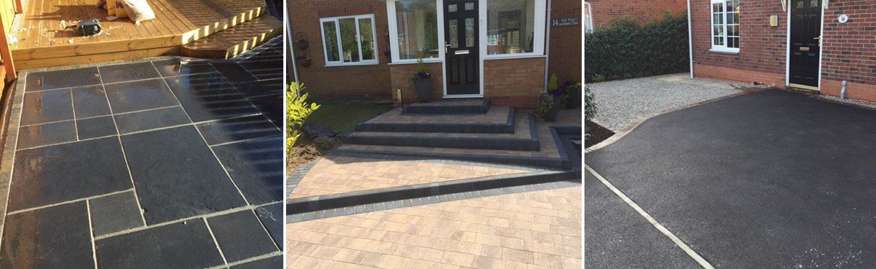 Three driveway surfaces shown side by side: tiled, concrete by a house entrance, and black asphalt.