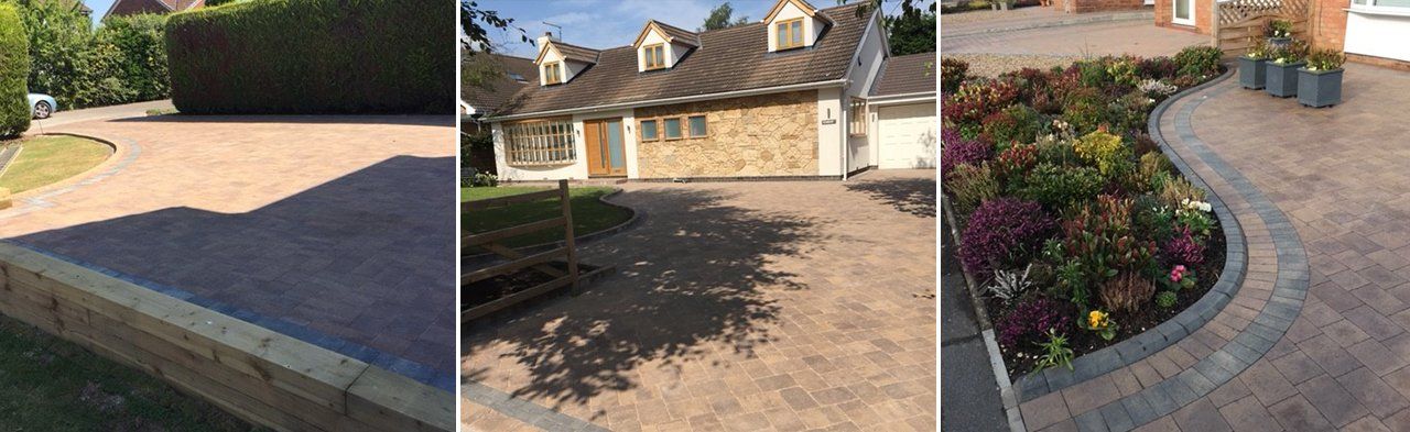 Three paved stone driveways and patios beside stone houses and flower beds