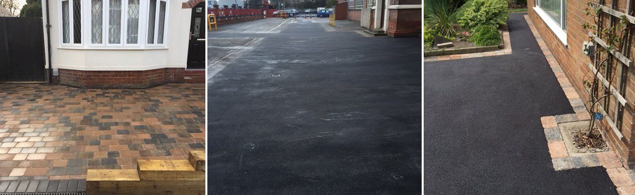 Three driveway surfaces: brick pavers, fresh black asphalt, and asphalt beside a brick wall