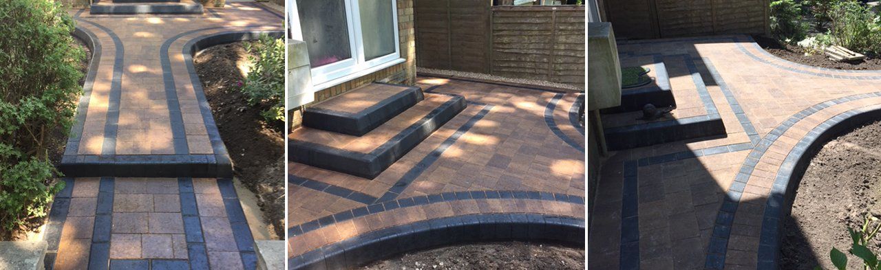 Stone garden pathways and steps with decorative brick borders in a landscaped outdoor area
