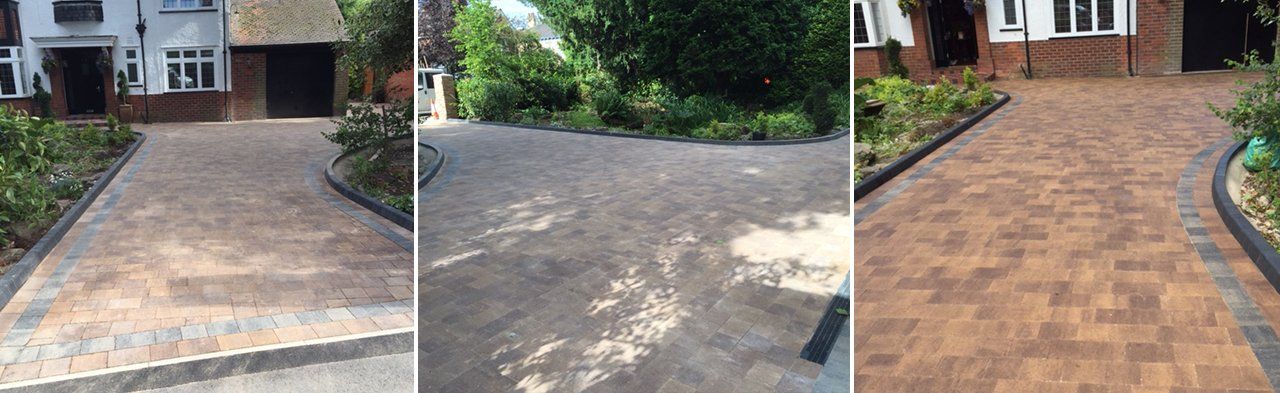 Three views of a paved driveway with different brick and stone patterns in front of a house.
