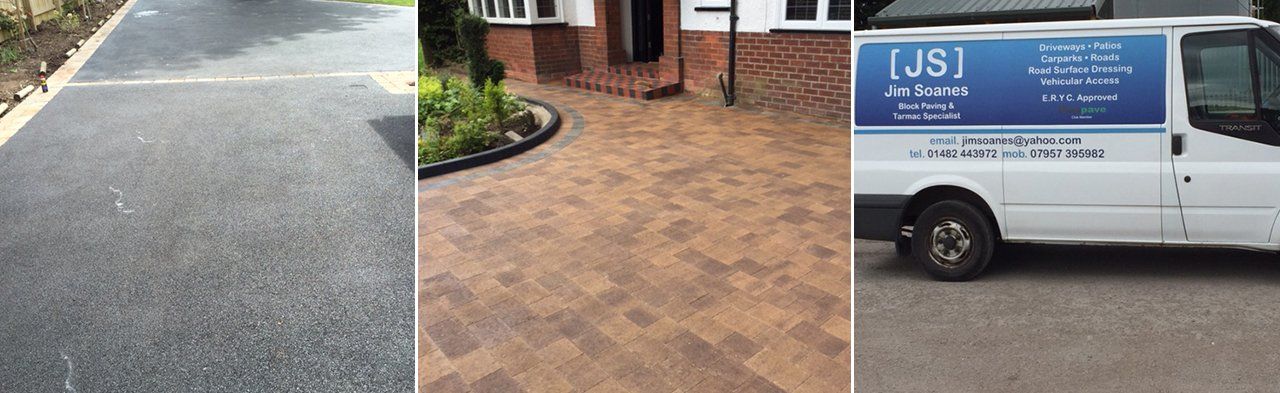 Three-panel collage: paved path, brick courtyard, and white service van with blue logo.