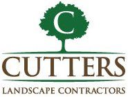 A logo for cutters landscape contractors with a tree in the middle.