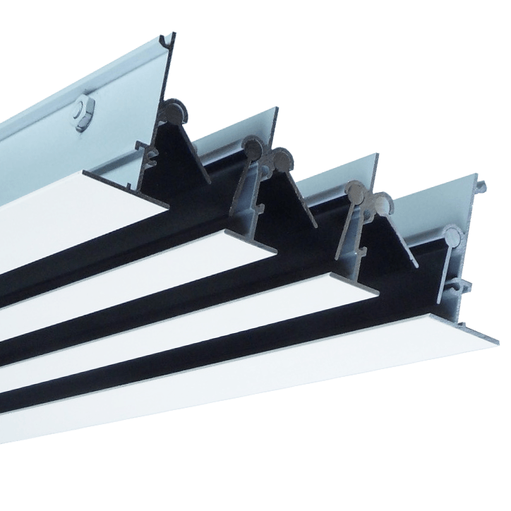 CE slot diffuser. Flanged or plaster-in. Multiple slots 1-8. High Induction. Ceiling or wall mounted. By Colman