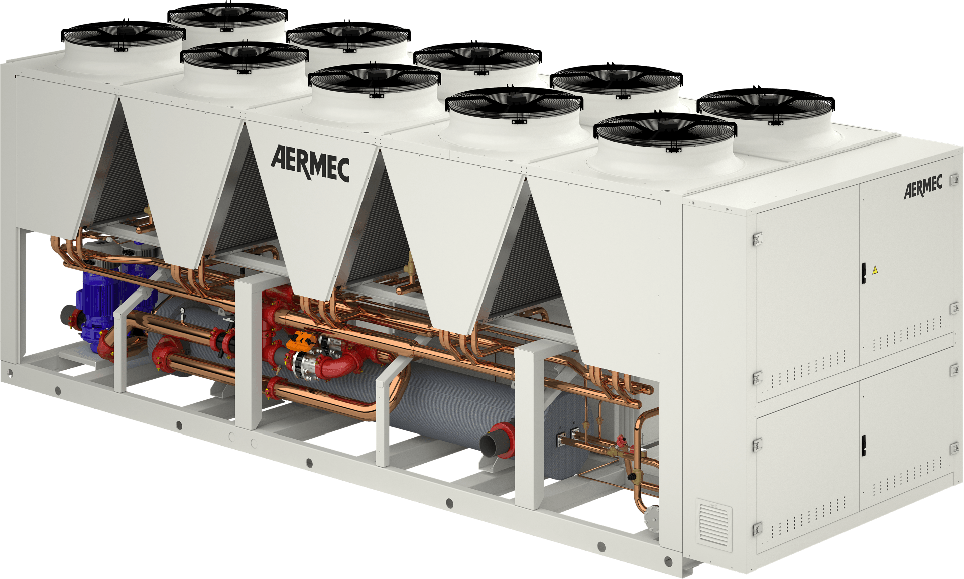 NRB air cooled chiller with free cooling. Glycol free. Plate exchanger. Shell and tube exchanger. By AERMEC