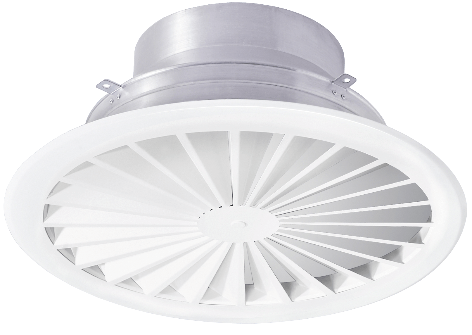 RA-N3 circular swirl diffuser. Top or side entry circular plenum. Exposed or ceiling mounted. Hidden blanking rings to suit air volume. High induction, optimum comfort. By Krantz