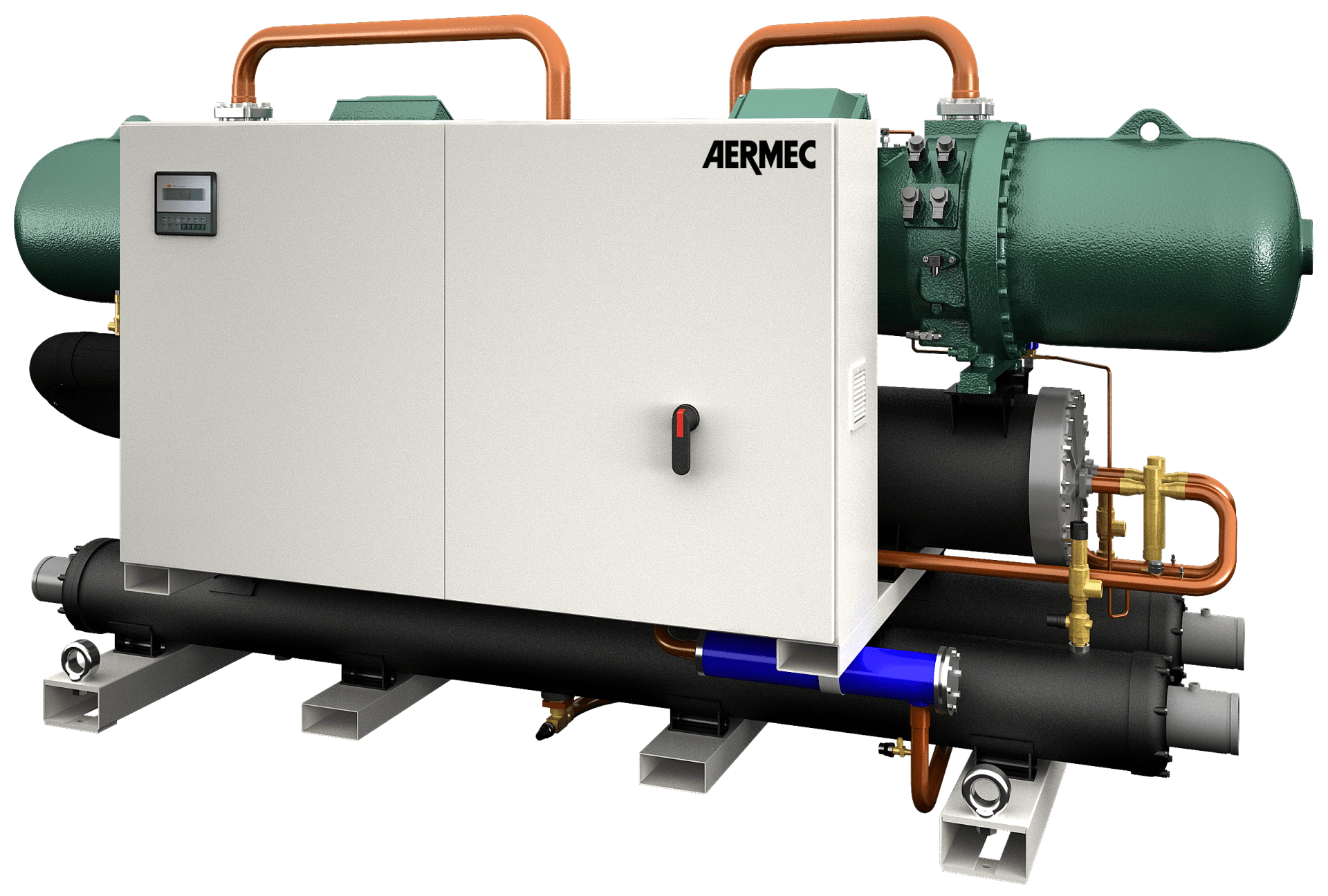WF water cooled chiller. R134a/XP10 screw compressors. 600kW-2.3mW cooling capacity. By AERMEC