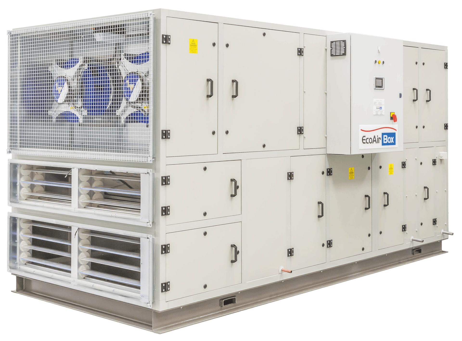 AHU with reverse cycle heat pump. Thermal Wheel or plate heat exchanger. Heating and Cooling recovery. 0.75m3/s to 15m3/s air volume. Compact footprint and low height. EC plug fans. R410a digital compressor. Trend controller. By EcoAirBox