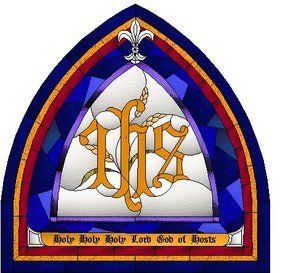 A stained glass window with the words holy holy holy lord god of hosts