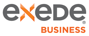 The logo for exede business is gray and orange.