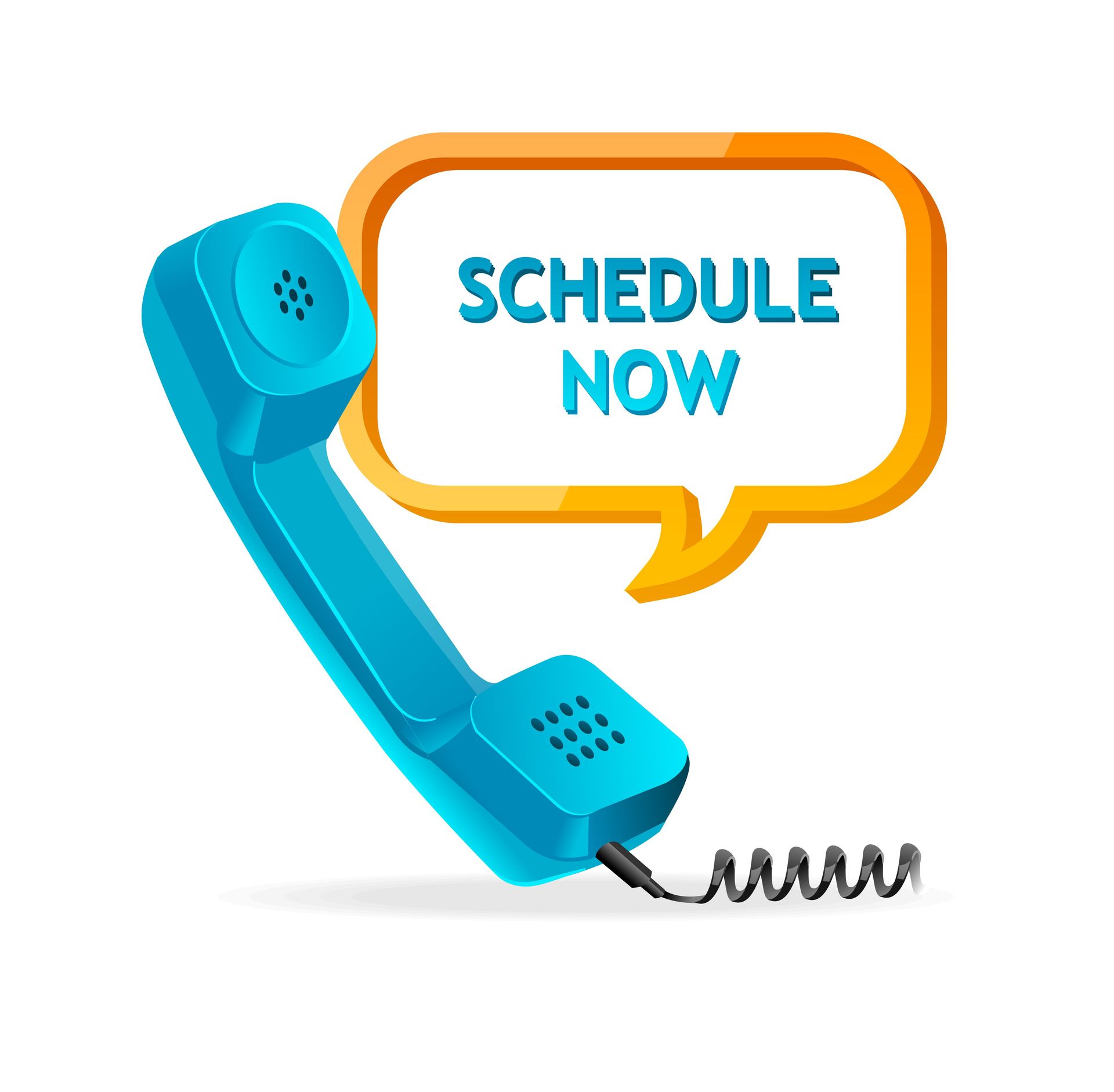 A blue telephone with a speech bubble that says `` schedule now ''.