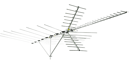 Top of the line antenna that A large antenna is sitting on top of a pole on a white background.