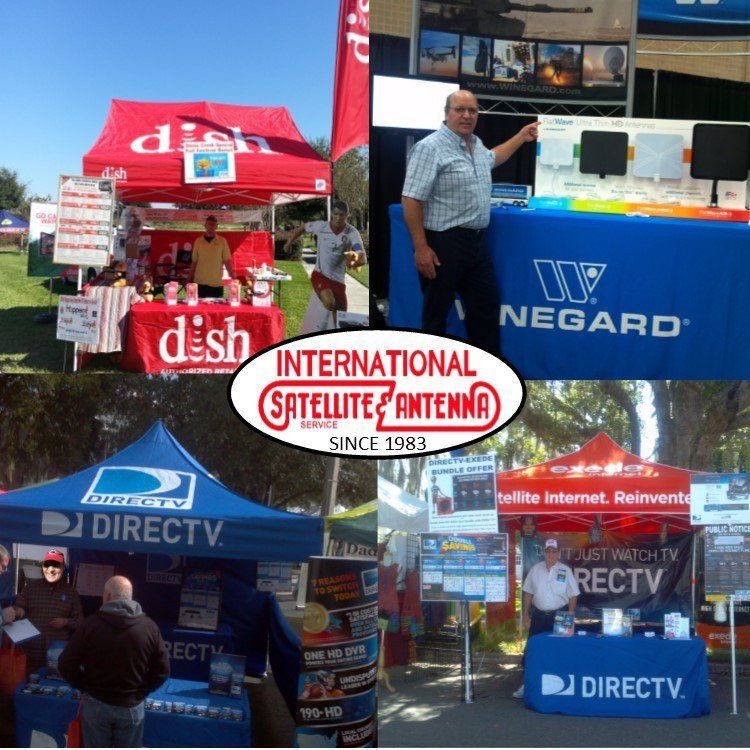 A collage of pictures shows a satellite antenna booth for international satellite antenna