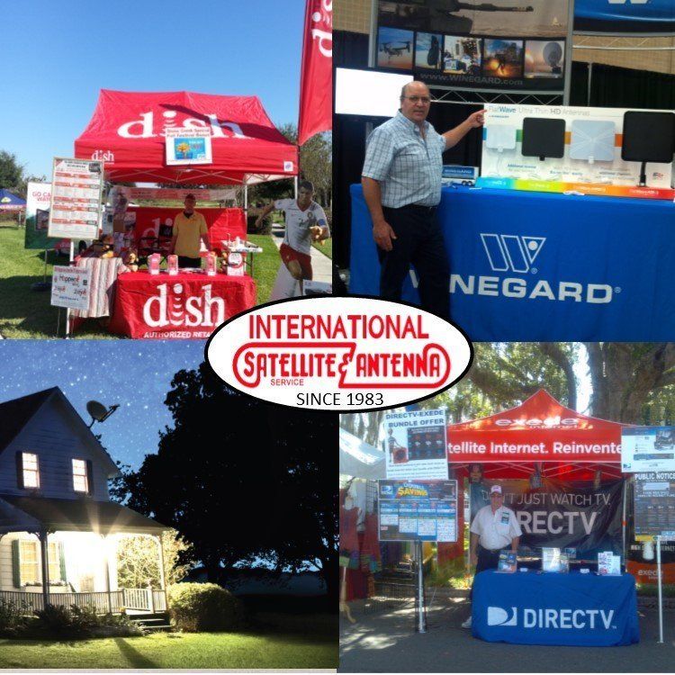 A collage of pictures with a sign that says international satellite antenna