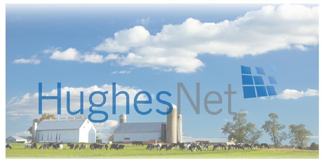 A hughes net logo with a farm in the background
