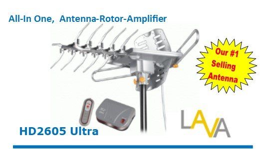 An advertisement for an all in one antenna rotor amplifier