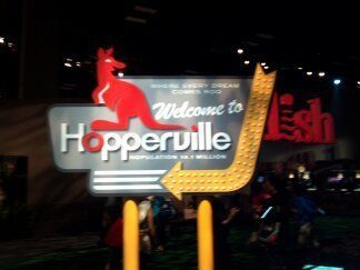 A sign that says welcome to hopperville with a kangaroo on it