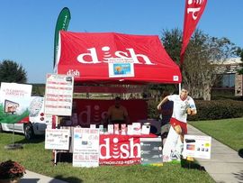 A red canopy with the word dish on it