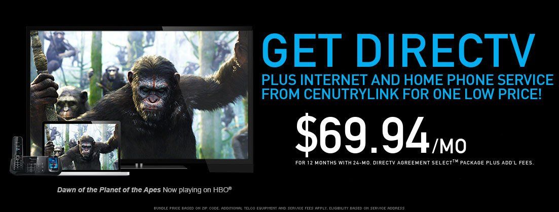 A picture of a monkey on a tv screen with the words get directv plus internet and home phone