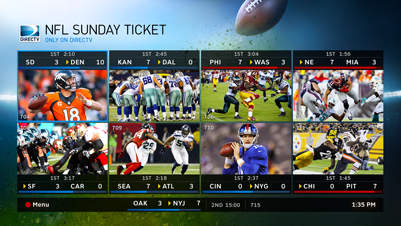 A nfl sunday ticket is shown on a television screen.