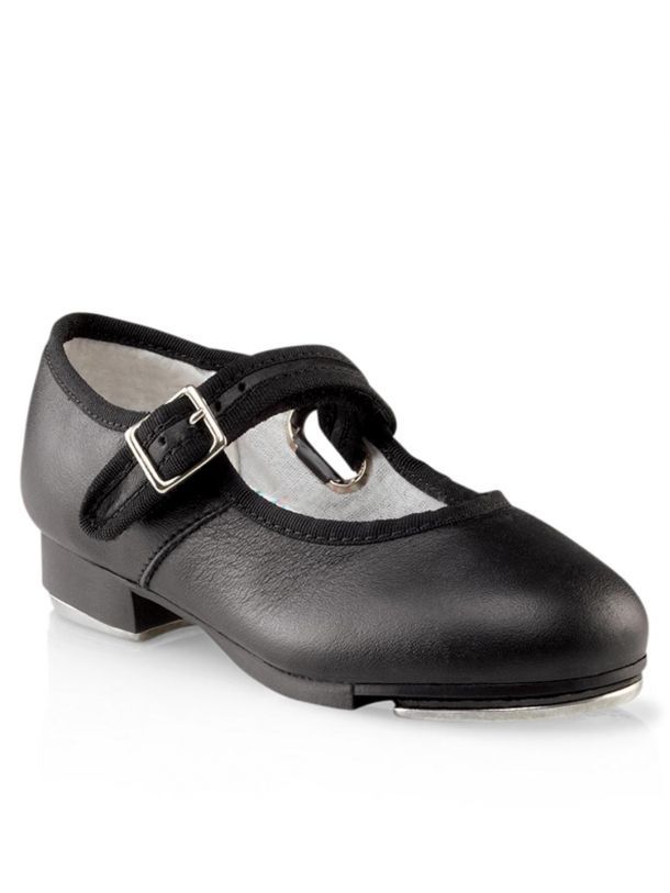 A pair of black shoes with a buckle on the side on a white background.