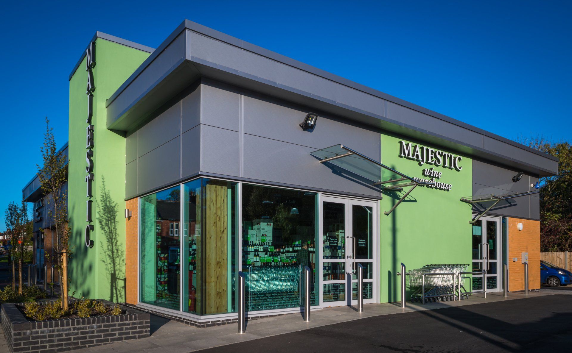 exterior view of architect designed stand alone retail store for major wine retailer