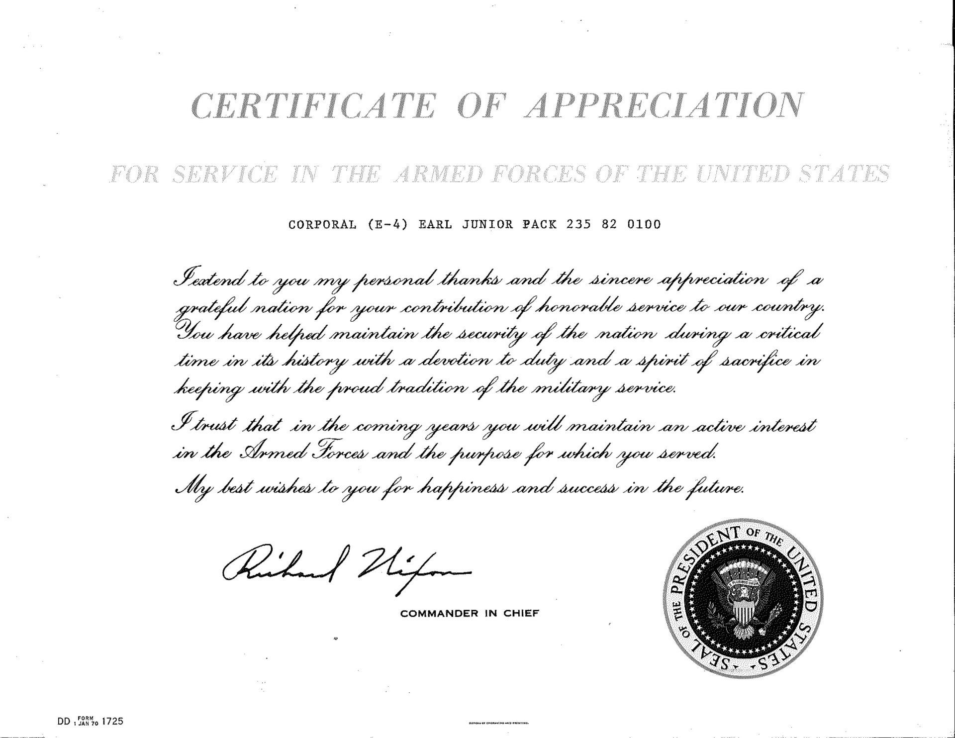 A certificate of appreciation for service in the armed forces of the united states