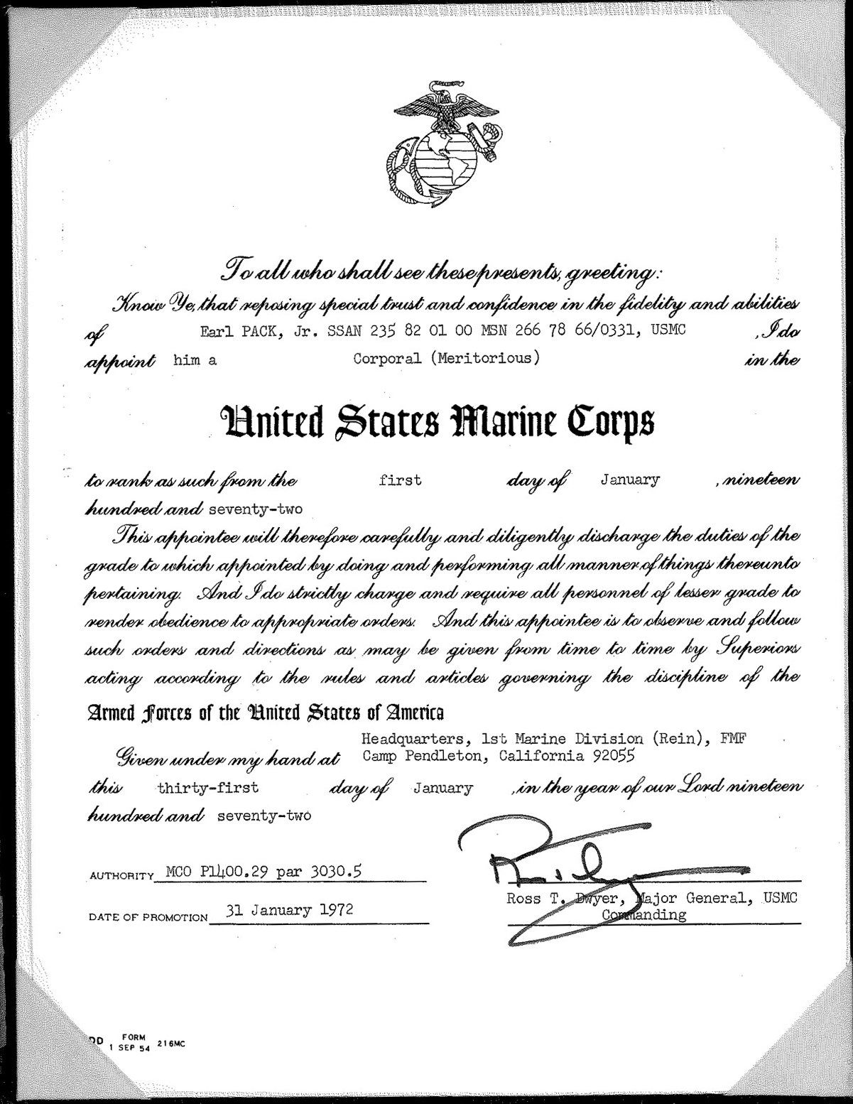 It is a certificate from the united states marine corps.