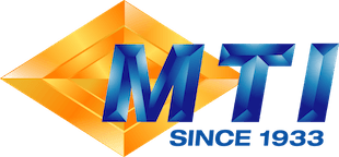 A blue and orange logo for mti since 1933